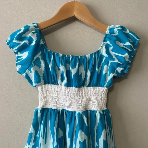 Handmade Children's 100% Cotton Blue Pattern White Elastic Waist Dress - Picture 5 of 10